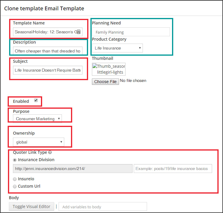 Template metadata inside the marketing section of Insureio