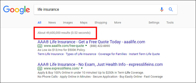 Google page one search results for keyword life insurance - 49.6 million results