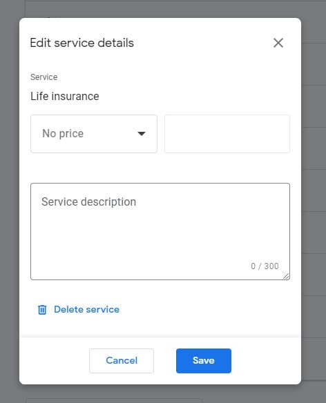 Screenshot of Google My Business showing the 'Services' section.