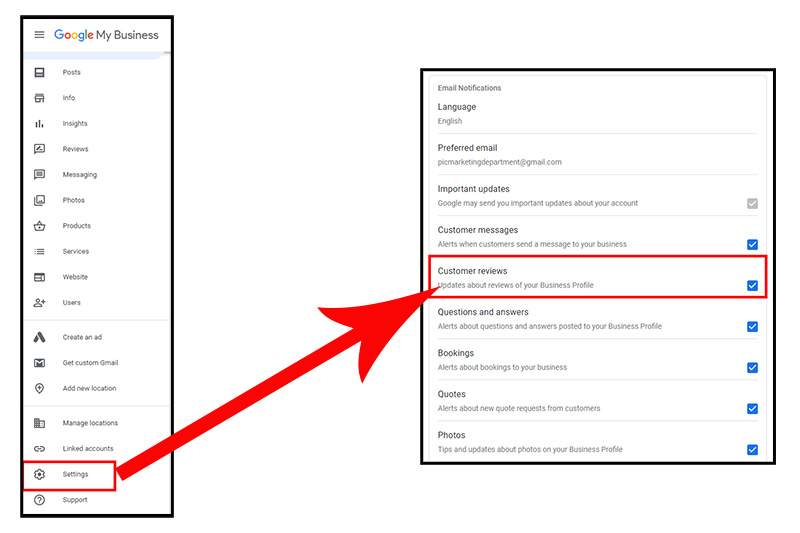 Screenshot of the Google Business Profile main menu, and the 'Settings' screen that shows the checkbox to receive notifications for consumer reviews.