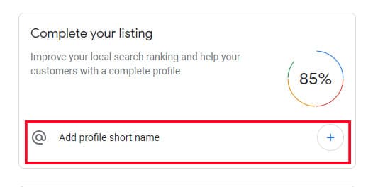 Screenshot of Google Business Profile showing the 'Short Name' section.