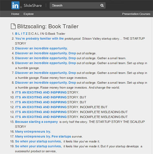 Screenshot of the auto-generated transcript for Reid Hoffman's SlideShare, showing the font irregularities - capital letters, letter spacing, etc.
