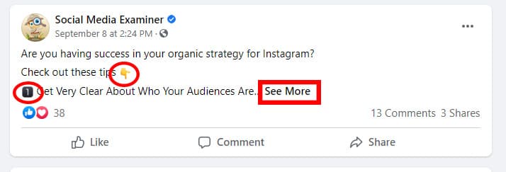 Screenshot of a Facebook post from Social Media Examiner with spaced-out lines, emojis, and only 1 of several provided tips visible, encouraging the viewer to click to see more