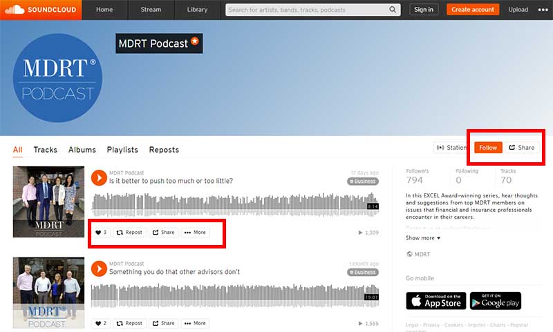Screenshot of the MDRT Podcast's page on SoundCloud