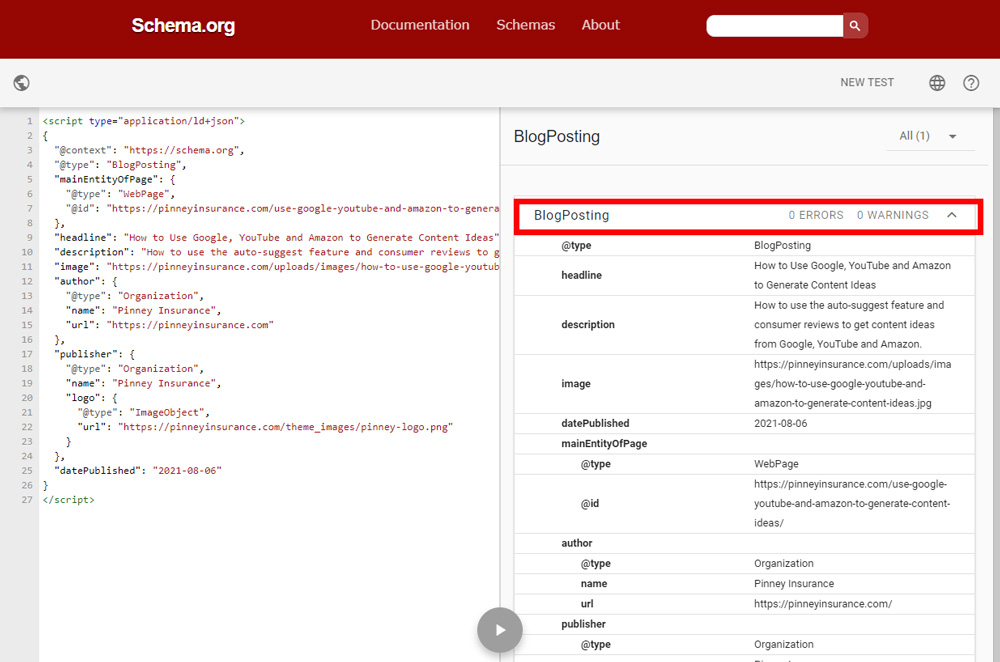 Screenshot of Schema.org's schema validation tool