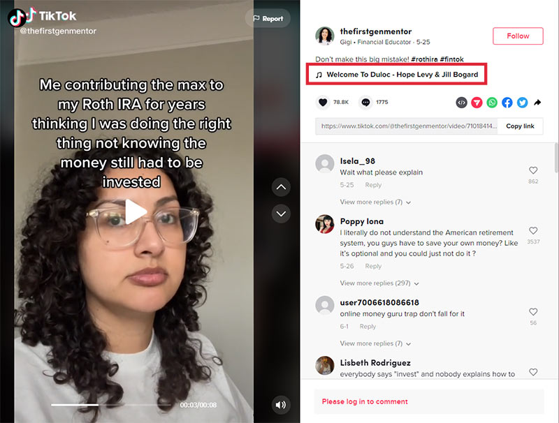 Screenshot of a TikTok video with the description and its included notation for the song playing in the background of the video
