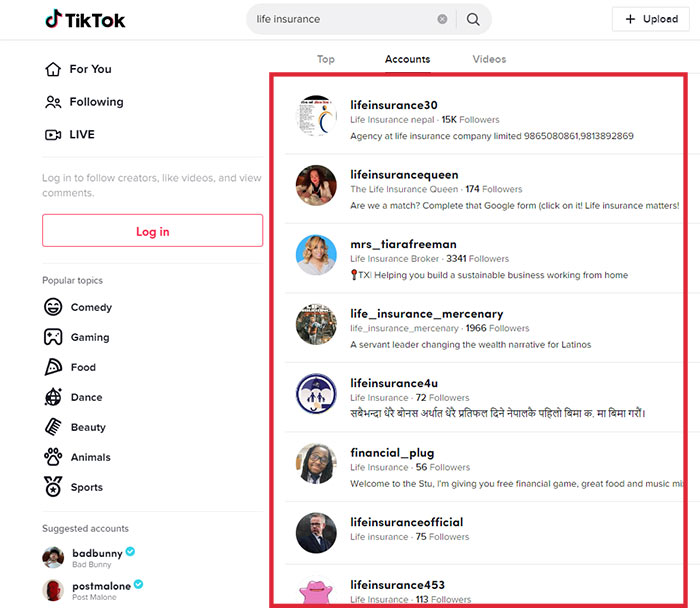 Screenshot of the creators who come up on TikTok when you search for the words 'life insurance'