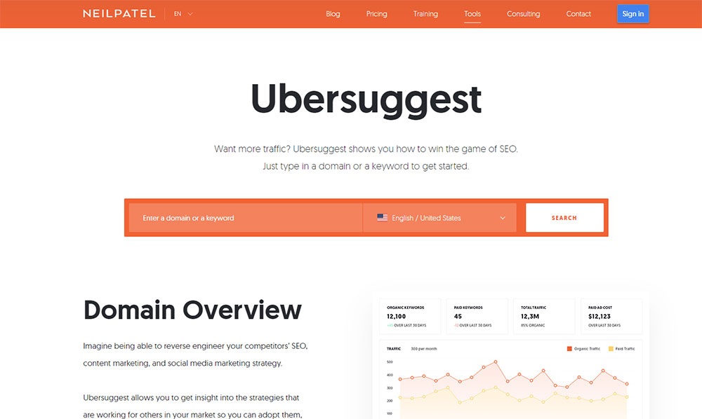 Screenshot of the Ubersuggest home page.