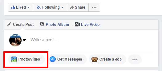 Screenshot of the Pinney Insurance Facebook page, showing where you click the Photo/Video button to upload video.