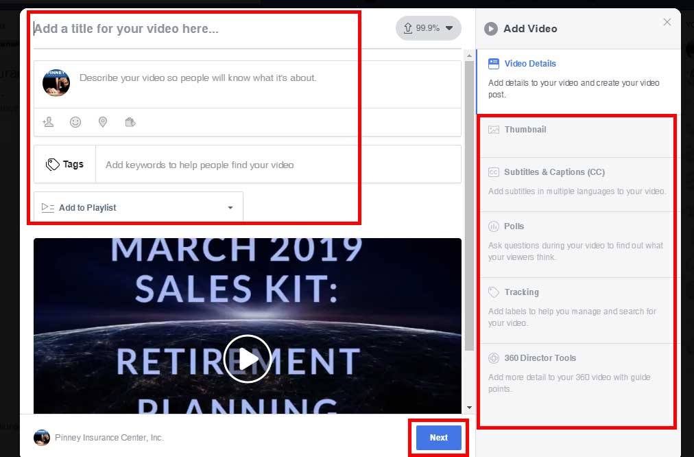 Screenshot of the Pinney Insurance Facebook page, showing the video upload screen, where you can enter details like a title, thumbnail, subtitles, and more.