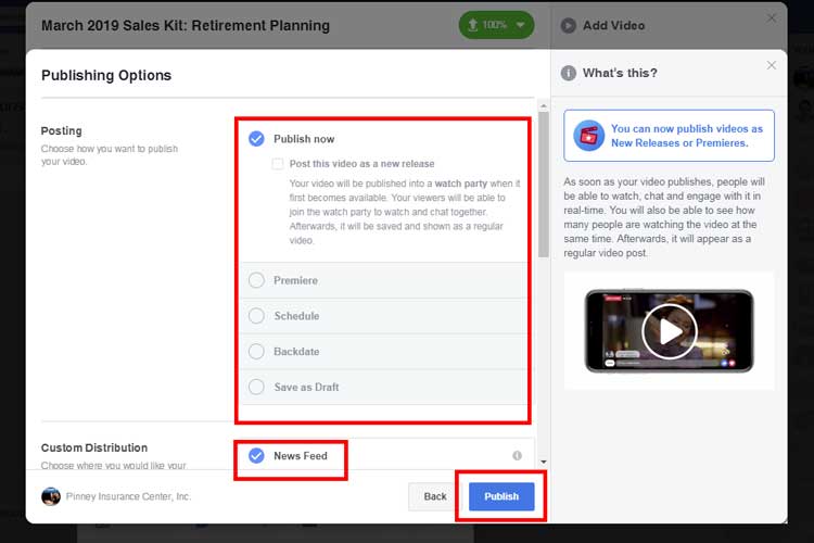 Screenshot of the Pinney Insurance Facebook page, showing the publishing options for your native video upload.