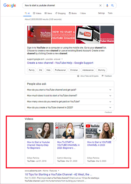 Screenshot of a Google search query with featured video snippets displaying below the 'People Also Ask' results but above the regular search results