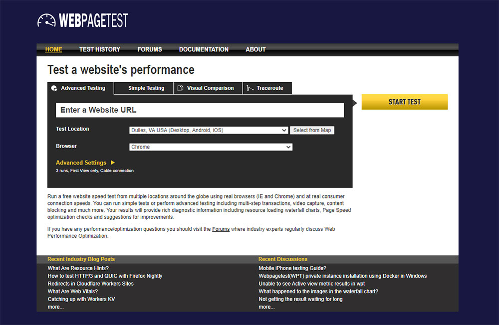 Screenshot of the WebPageTest.org website's homepage.