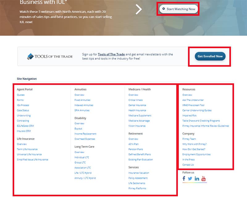 Screenshot of the Pinney Insurance website footer, with menu links, a newsletter sign-up link, and more