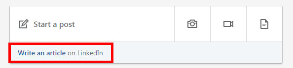 Screenshot of the LinkedIn feed, with the 'Write an article on LinkedIn' link highlighted in red beneath the standard post creation box