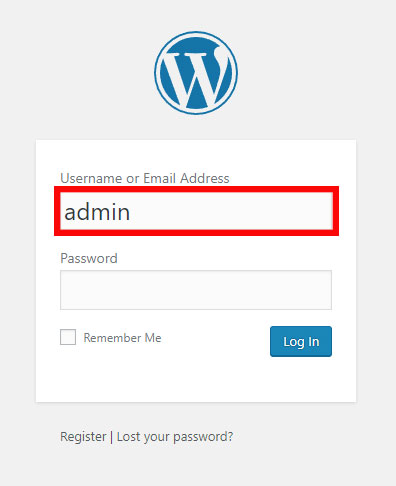 Screenshot of a traditional WordPress login page with the username 'admin' highlighted