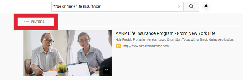 Screenshot of the filters button above the list of results in YouTube