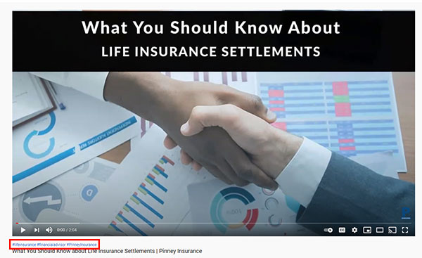 Screenshot of a Pinney video on YouTube with the three clickable hashtags above the title.