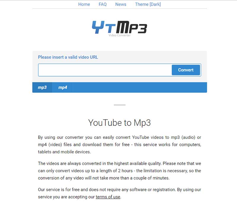 Screenshot of the YouTube to MP3 home page
