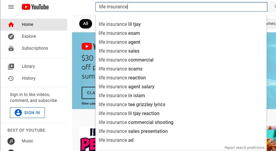 Screenshot of YouTube's auto-suggestions when you type in 'life insurance'