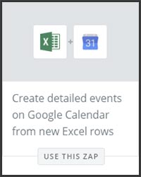 This is a screenshot of Zapier's zap to create a Google Calendar item based on an Excel spreadsheet