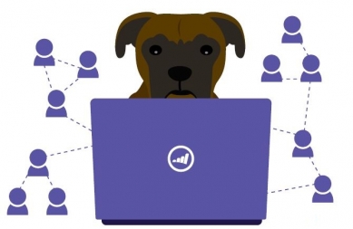 A cartoon dog with a purple laptop works on lead generation.