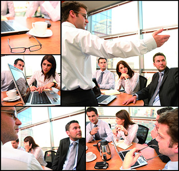 5-photo collage of businesspeople at work.