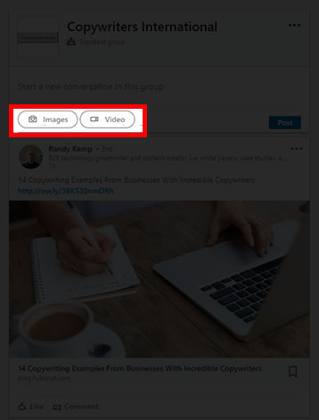 Screenshot of LinkedIn group post entry box showing the option to upload video as well as photo