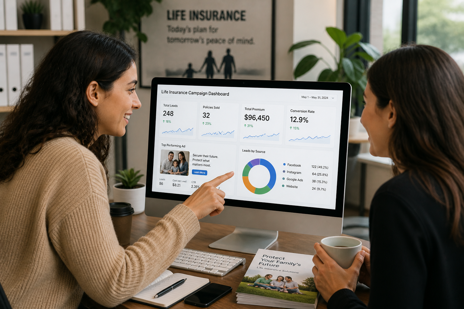 Life insurance agents reviewing social media campaign performance on a desktop computer