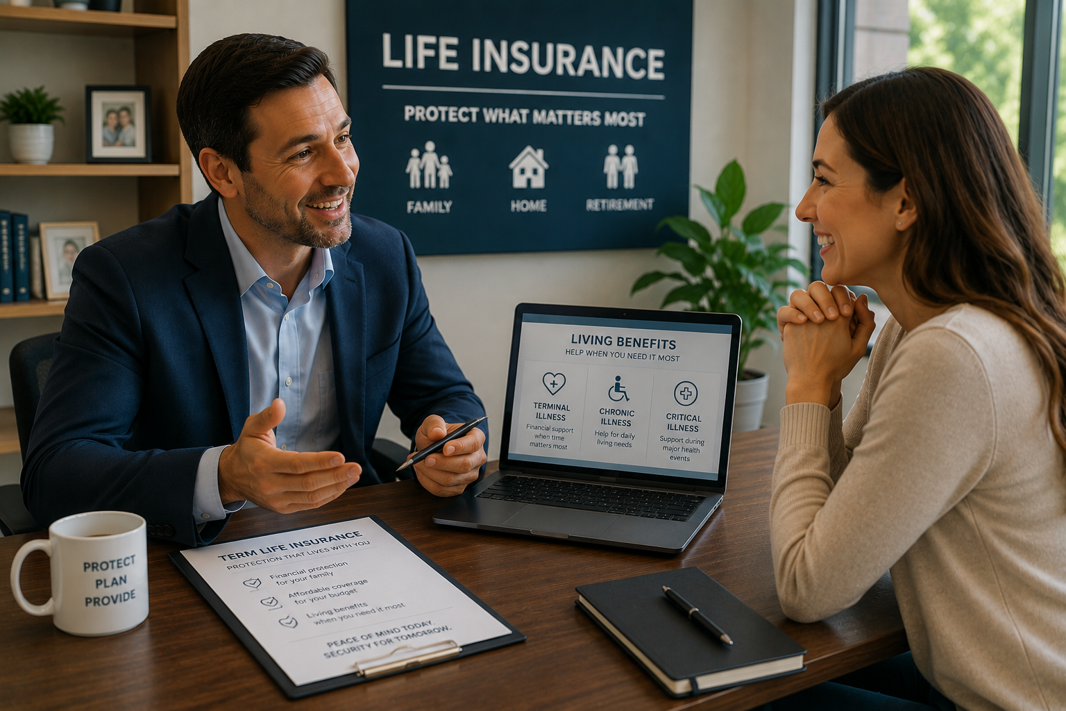 Agent explaining term life insurance with living benefits to a happy client